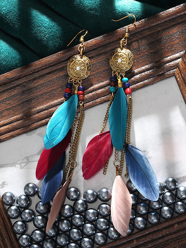 Vintage Bohemia Tasseled Feather Earrings