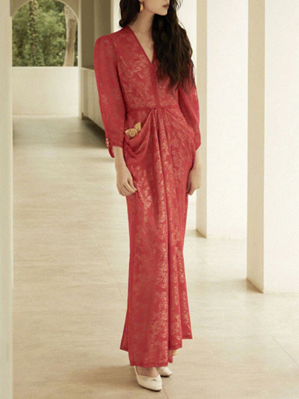 Red Traditional Hollow Long Sleeve V-Neck Dress