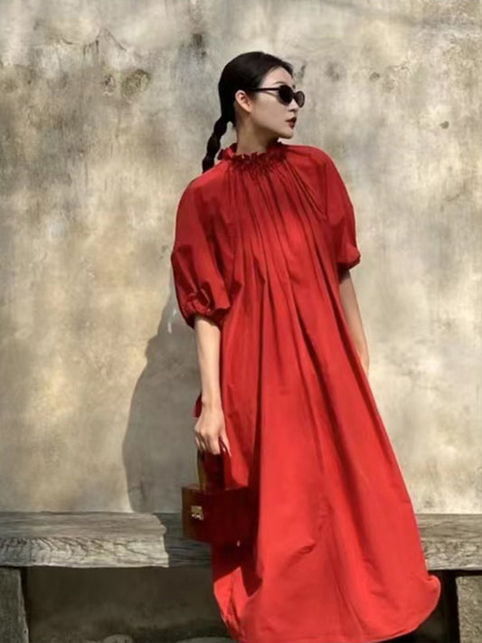 Vacation Loose Long Sleeve Red Dress