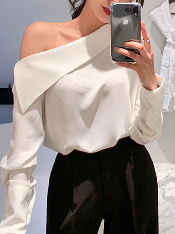 Loose Diagonal Collar Off Shoulder Long Sleeve Shirt Top