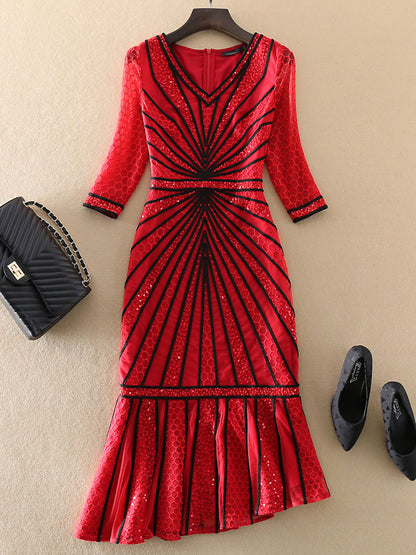 Red Plus Size High Quality Half Sleeve Mesh Embroidery Dress