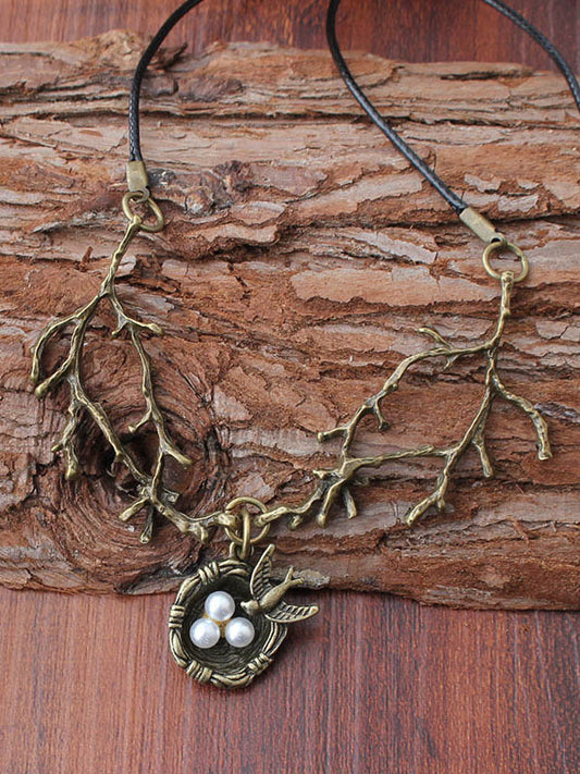 Vintage Paraffined Rope Alloy Branch Swallow Nest Necklace