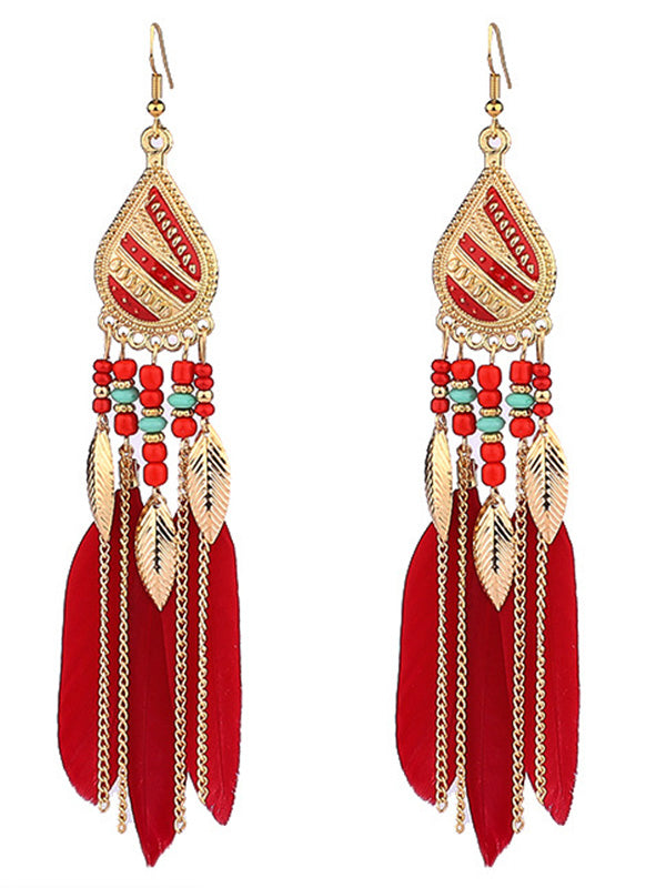 National Original Feather Tassels Beads 6 Colors Earrings