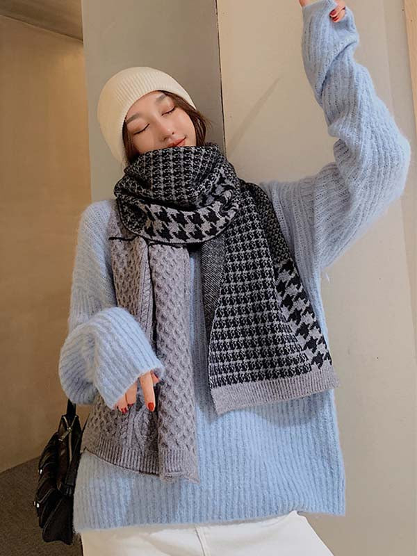 Original Houndstooth Contrast Color Knitting Shawl Scarf