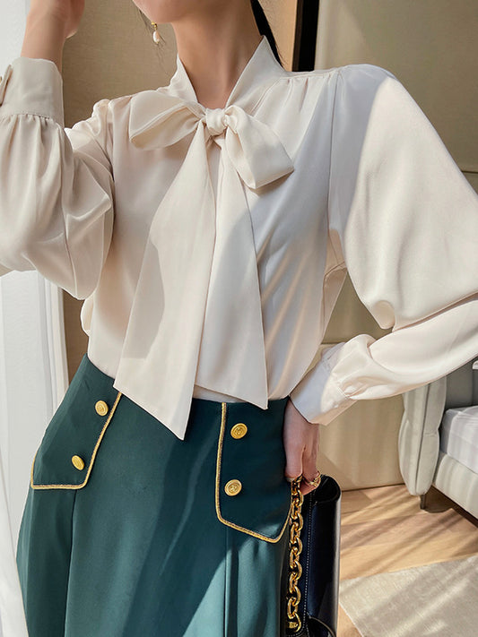 Bow Ribbon Long Sleeve Satin Shirt Top