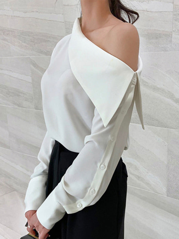 Loose Diagonal Collar Off Shoulder Long Sleeve Shirt Top