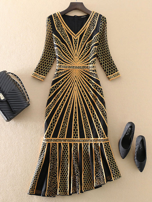 Black Plus Size High Quality Half Sleeve Mesh Embroidery Dress