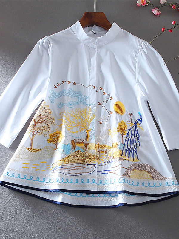 Embroidered Loose Stand Collar Cotton A-Line Shirt Top