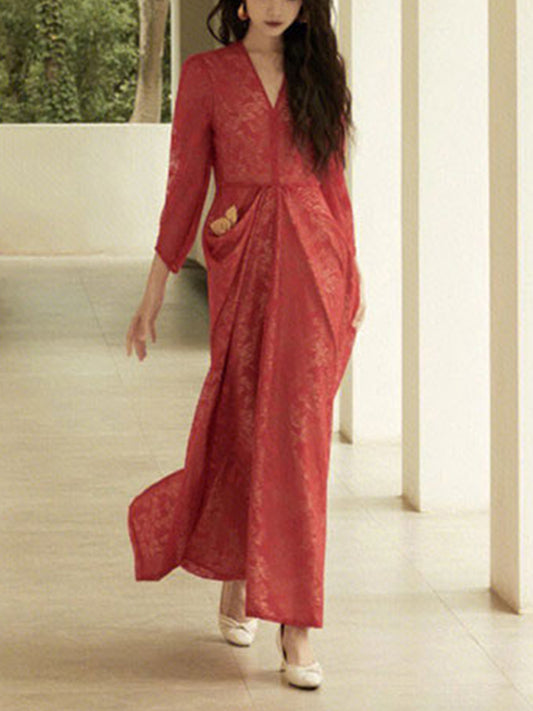 Red Traditional Hollow Long Sleeve V-Neck Dress