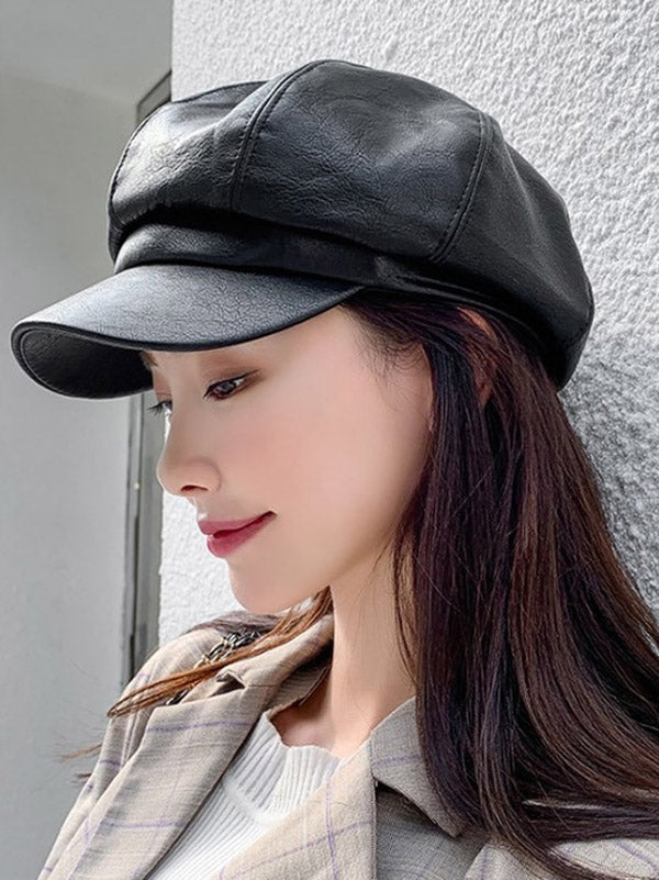 Personality Solid PU Beret Hat