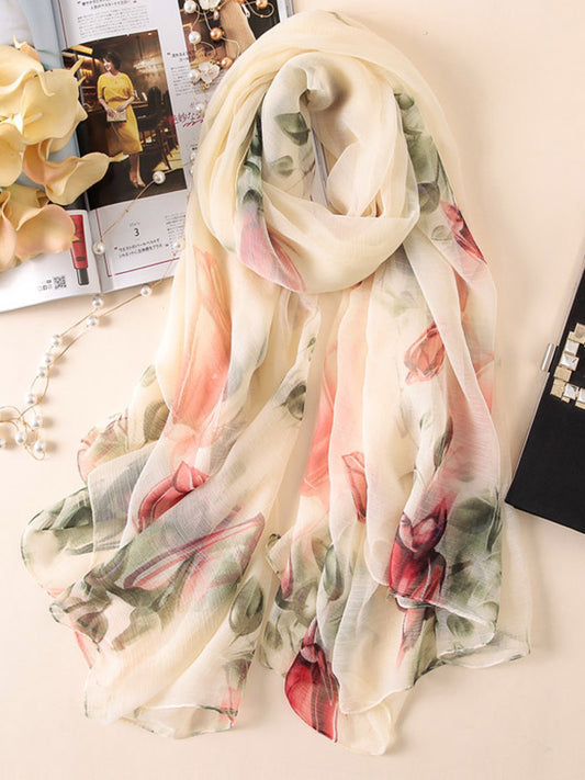 Vacation Boho Floral Sunscreen Silk Scarf