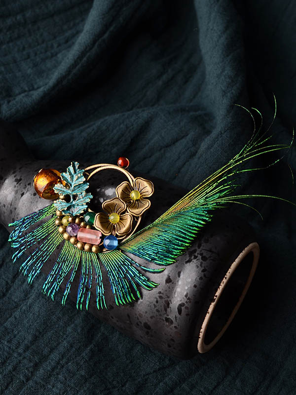 Vintage Peacock Feather Floral Brooch