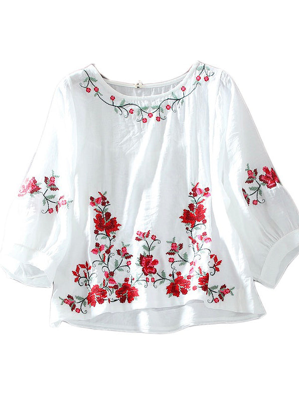 Loose Round Neck Pullover Embroidered Half Sleeve Shirt Blouse