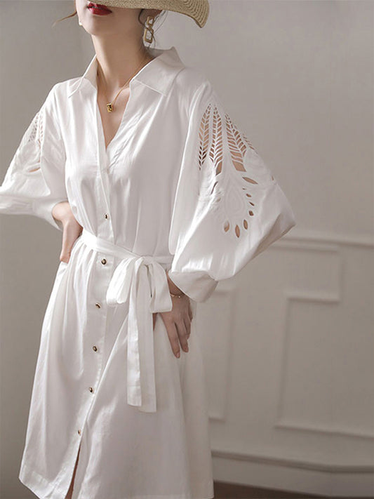 White Urban Tie Puff Sleeve V-Neck Shirt Dress