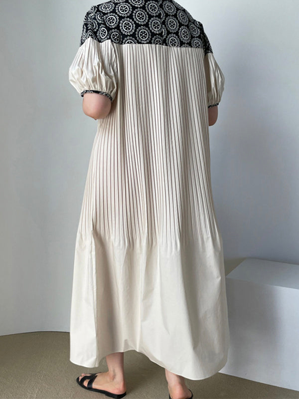 French Retro Embroidery Stitching Puff Sleeve Pleated Dress