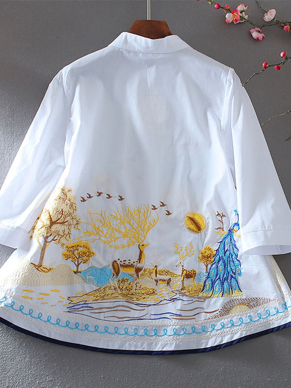 Embroidered Loose Stand Collar Cotton A-Line Shirt Top