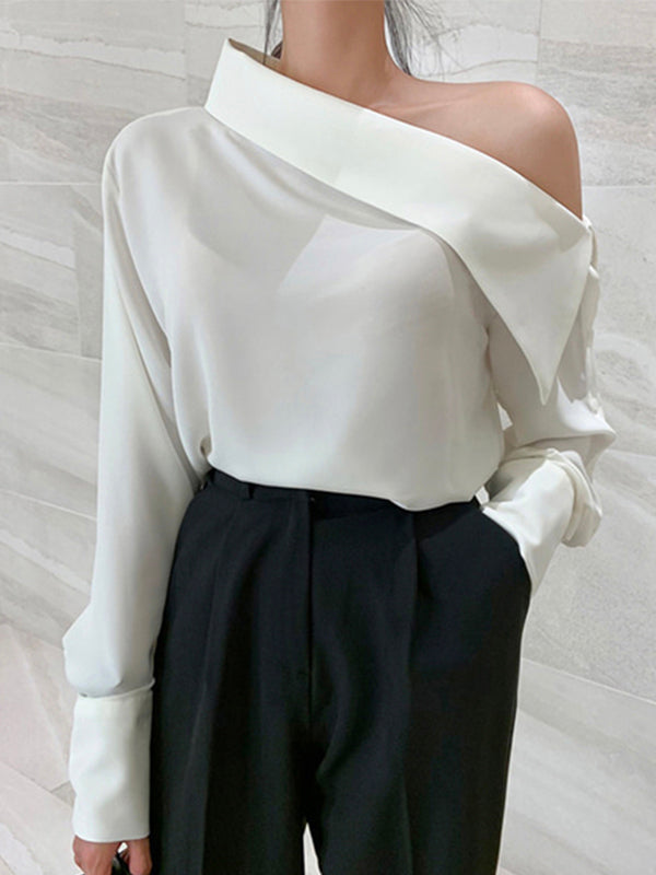 Loose Diagonal Collar Off Shoulder Long Sleeve Shirt Top