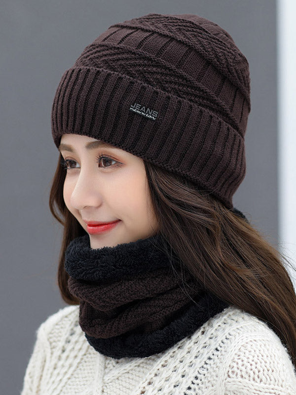 Winter Knitting Solid Color Keep Warm Scarf&Hat Two Pieces Set