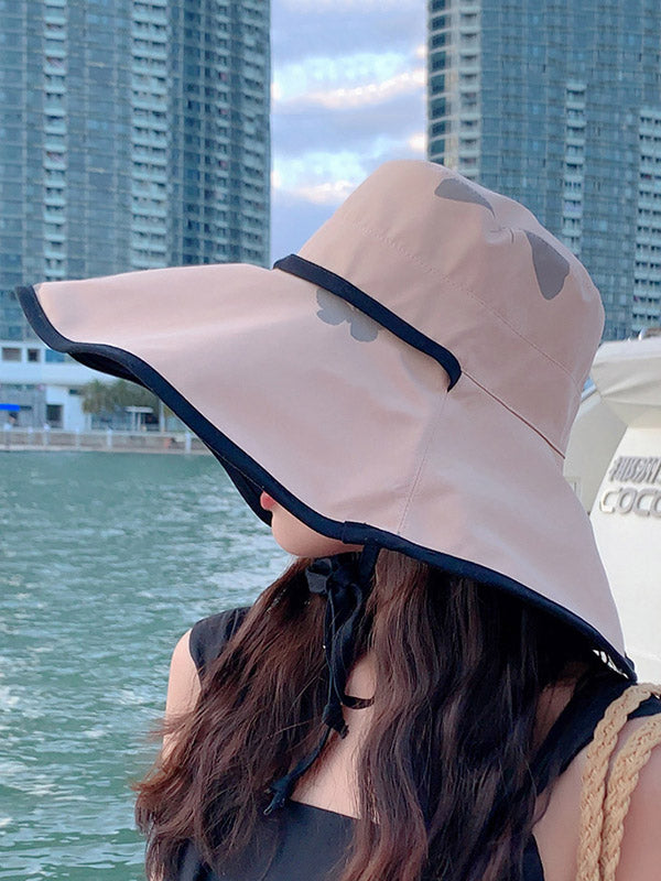 Stylish Reversible Foldable Bow-Print Sun-Protection Frenum Large Wide Brim Hat