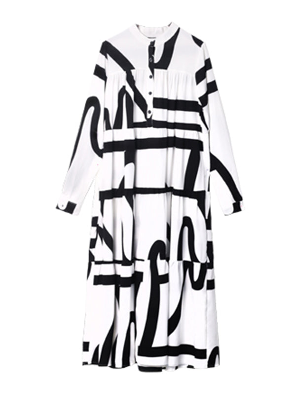 Loose Stand Collar Printed A-Line Midi Dress