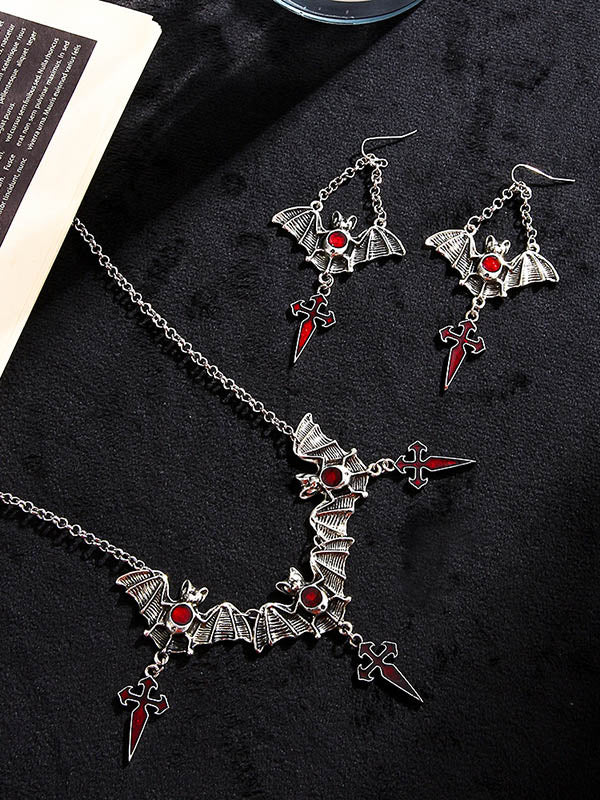 Halloween Stylish Alloy Bat Cross Pearl Chain Necklace&Earrings