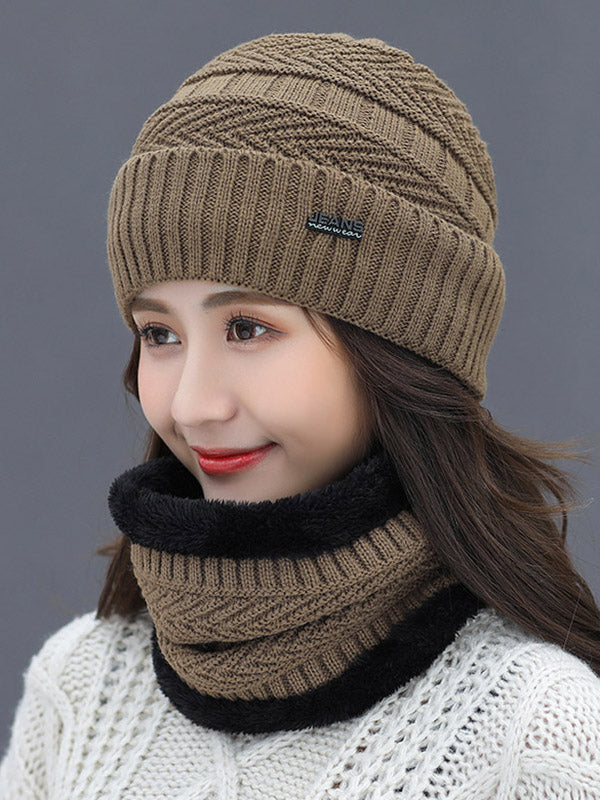 Winter Knitting Solid Color Keep Warm Scarf&Hat Two Pieces Set