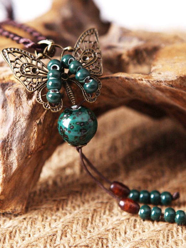 Vintage Handmade Ceramic Beads Alloy Butterfly Necklace