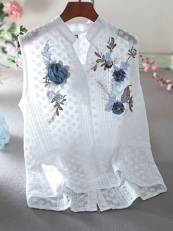 Fashion Embroidered Sleeveless V Neck Cotton Shirt Top