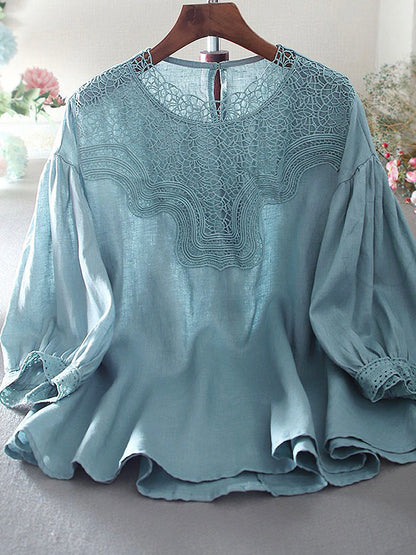 Oversized Vintage Balloon Sleeve Cotton Linen Ruffle Shirt Blouse