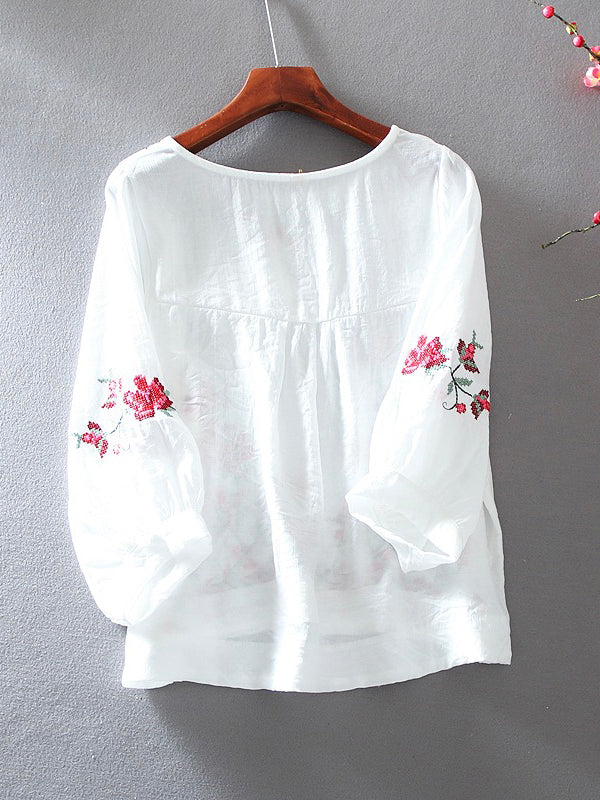 Loose Round Neck Pullover Embroidered Half Sleeve Shirt Blouse