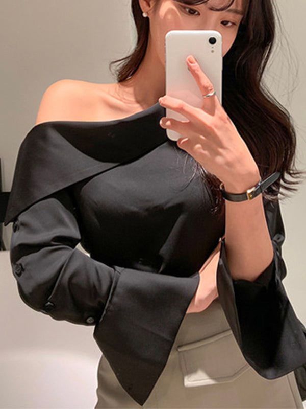 Loose Diagonal Collar Off Shoulder Long Sleeve Shirt Top