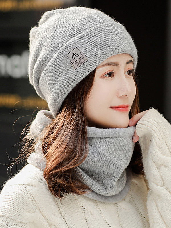 Casual Solid Color Keep Warm Knitted Scarf&Hat Two Pieces Set