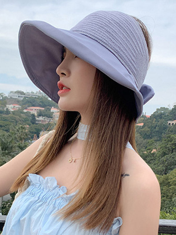 Stylish Solid Color Split-Joint Bow-Embellished Sun-Protection Large Wide Brim Knitted Hat