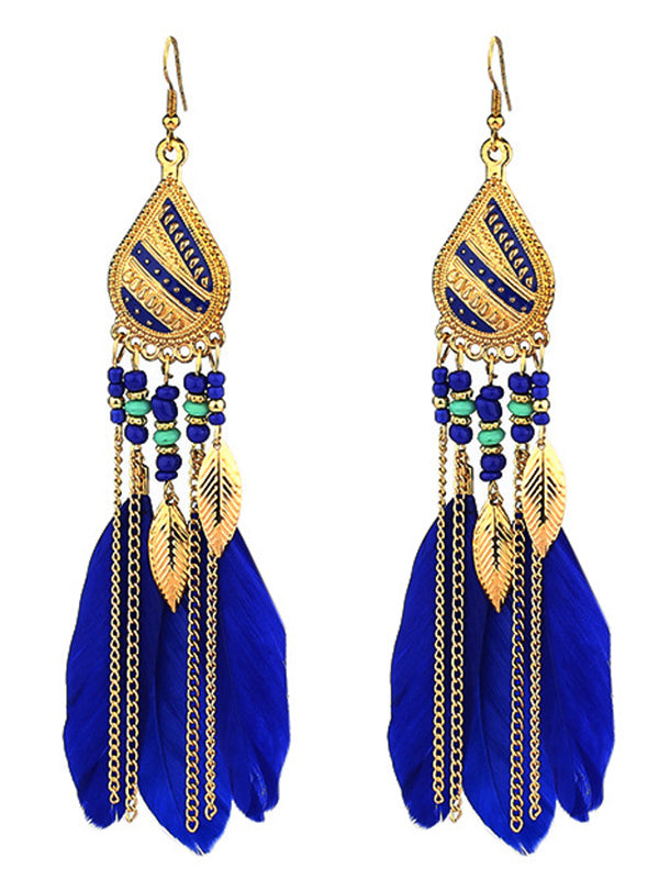 National Original Feather Tassels Beads 6 Colors Earrings