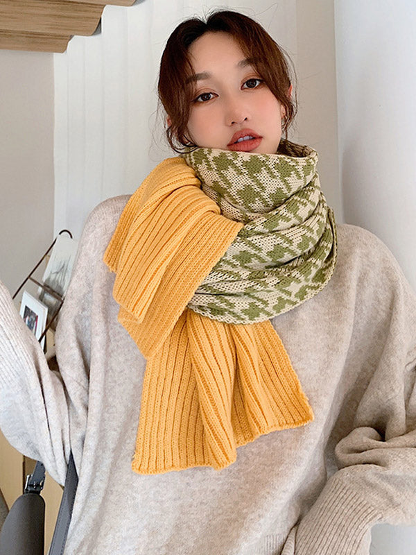 Contrast Color Houndstooth Split-Joint Knitting Scarf Shawl