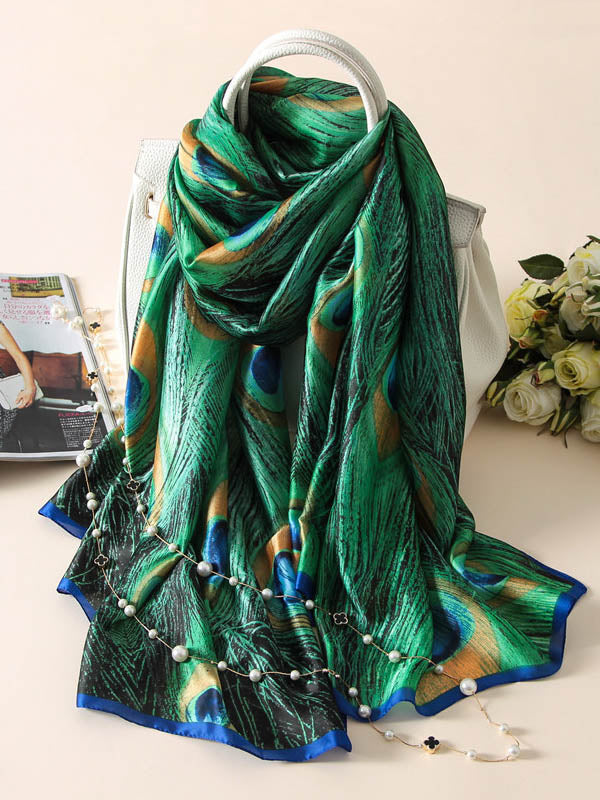 Peacock闁炽儲鈹 Feathers Print Sunscreen Silk Scarf