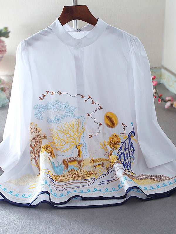 Embroidered Loose Stand Collar Cotton A-Line Shirt Top