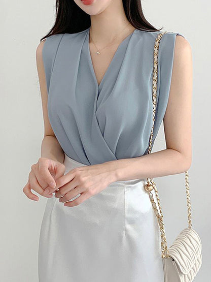 Fashion V-Neck Crossover Loose Sleeveless Solid Color Shirt Top