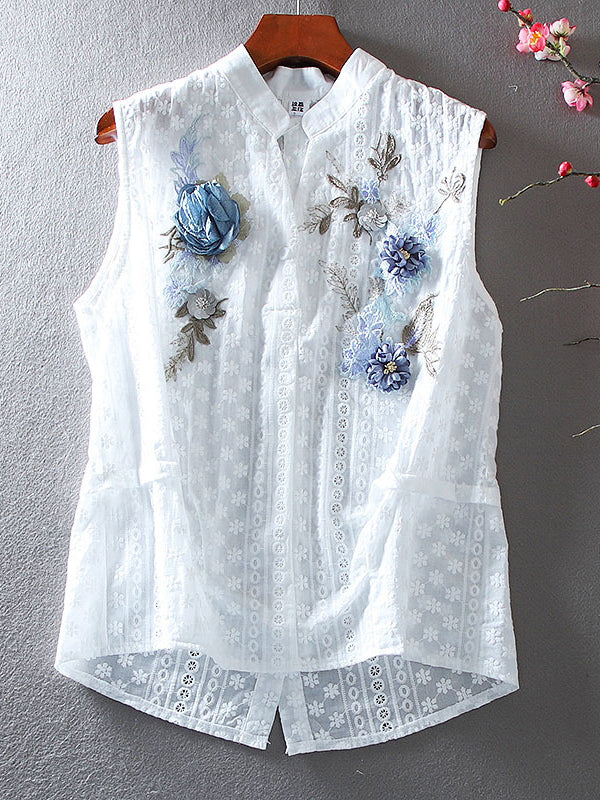 Fashion Embroidered Sleeveless V Neck Cotton Shirt Top