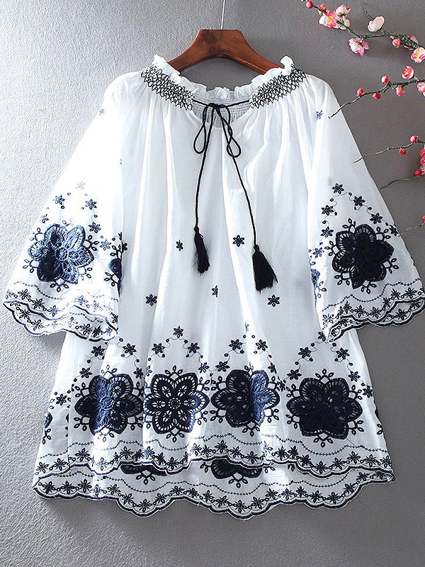 Vintage Embroidered A-Line Loose Ruffle Shirt Blouse