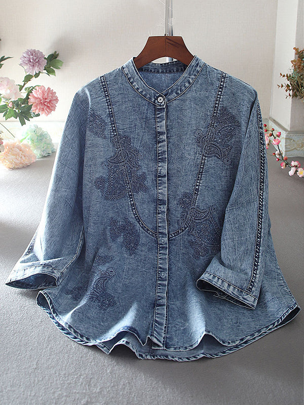 Vintage Oversized Embroidered Stand Collar 3/4 Sleeve Denim Shirt