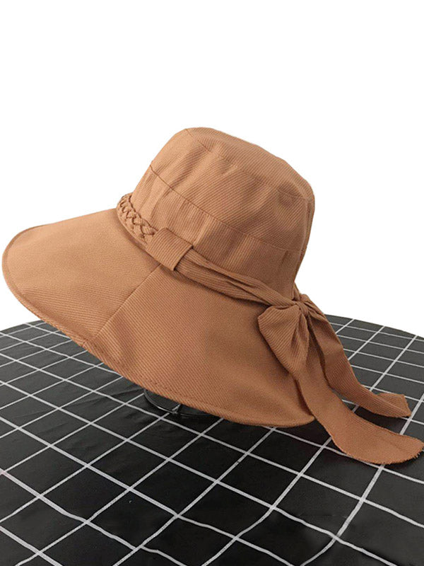 Original Bow-Embellished Sun-Protection Large Wide Brim Bucket Hat