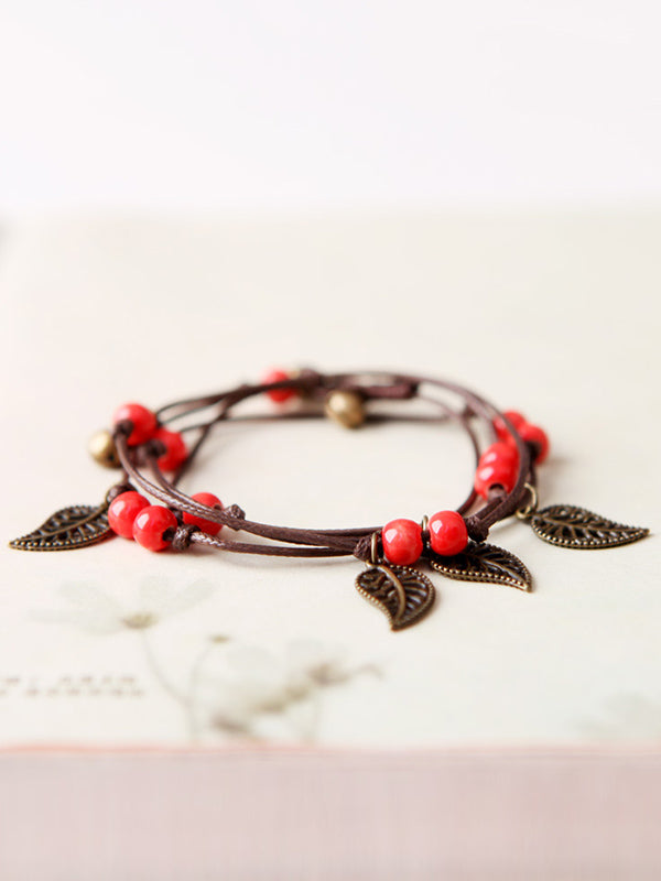 Original National Handmade 7 Colors Ceramic Bead Alloy Leaf Bracelet