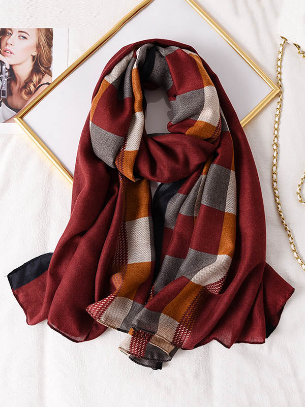 Plaid Contrast Color Warm Sun-Proof Silk Scarf