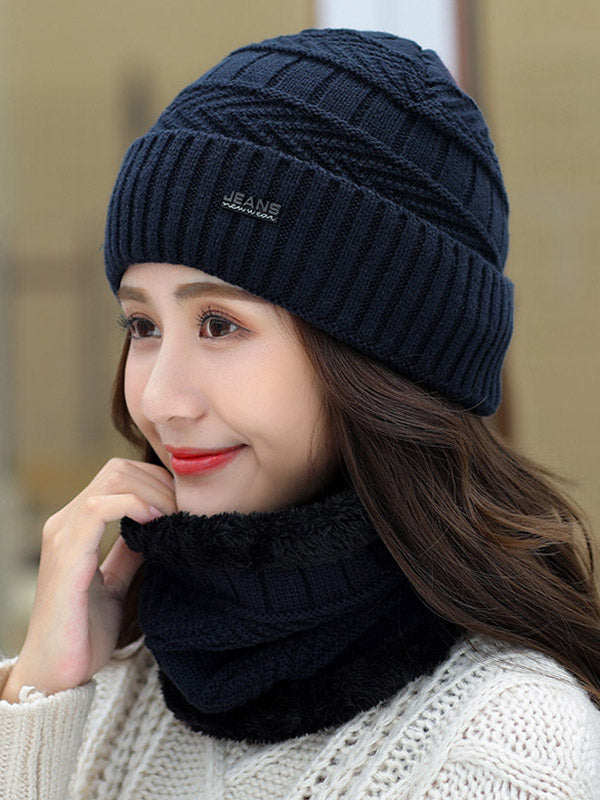 Winter Knitting Solid Color Keep Warm Scarf&Hat Two Pieces Set