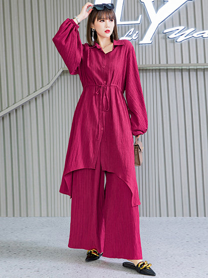 Original Solid Color Asymmetric Drawstring Blouse& Wide Leg Pants Two Pieces Set