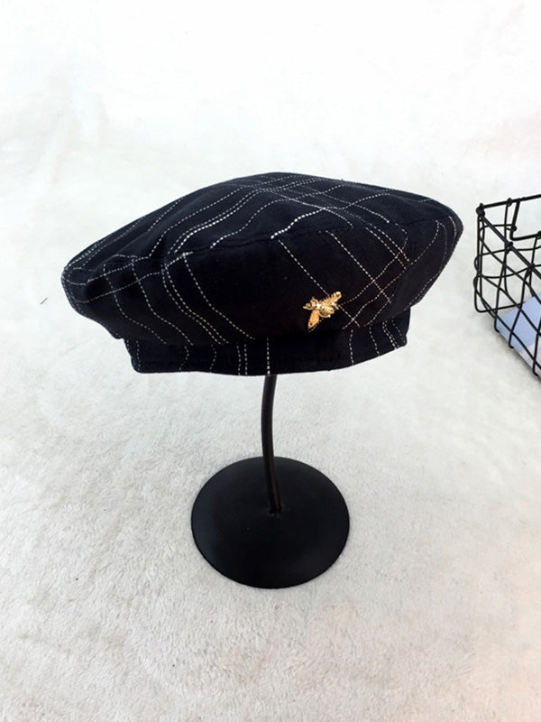 Original 3 Colors Plaid Alloy Bee Buttoned Beret Hat