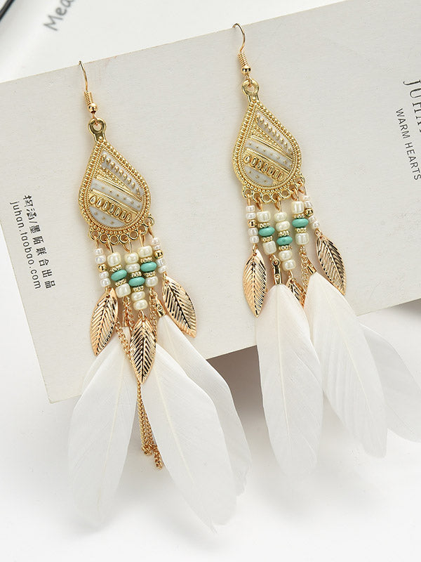 National Original Feather Tassels Beads 6 Colors Earrings