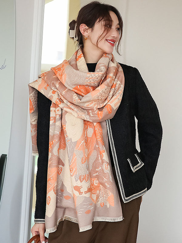 Vintage Printed Tasseled Shawl&Scarf