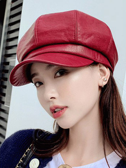 Personality Solid PU Beret Hat